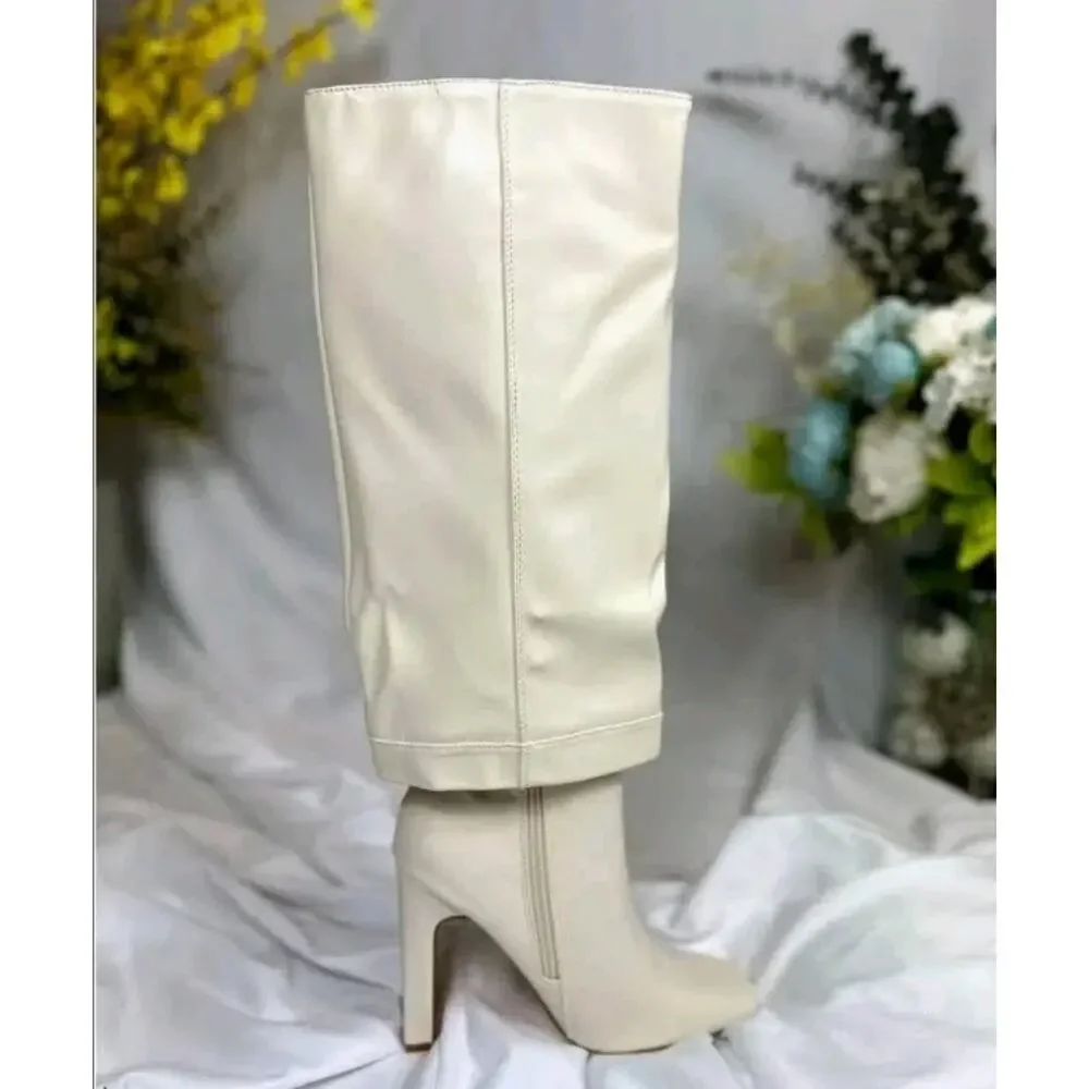 Lulu's Lorlia Women's Almond Square Toe Knee High Fold Over Boots Size 8 Beige - Picture 6 of 9